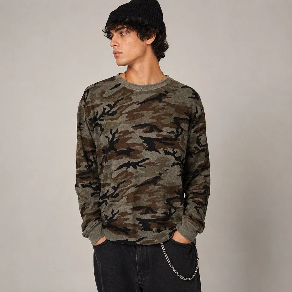 Polo Ralph Lauren Mens Camo Waffle Knit Thermal Long Sleeve Shirt Green Brown L